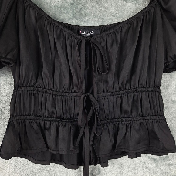 Womens Top Small Black Dark Romantic Puff Sleeve Milkmaid Goth Whimsigoth Crop - Picture 3 of 8